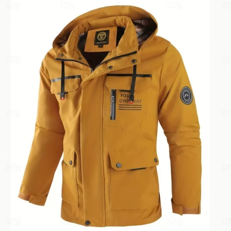 Men Hooded Parka Jacket Warm Windproof Outdoor Coat Multiple Pockets