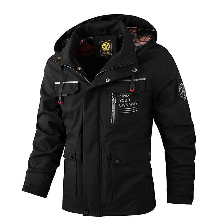 Men Hooded Parka Jacket Warm Windproof Outdoor Coat Multiple Pockets