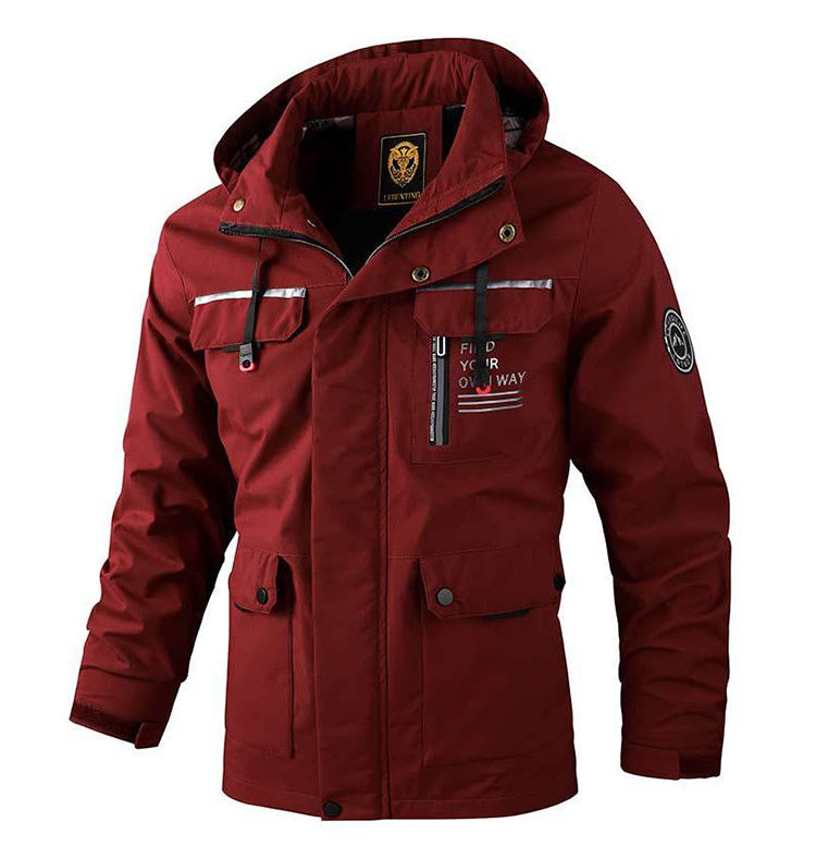 Men Hooded Parka Jacket Warm Windproof Outdoor Coat Multiple Pockets
