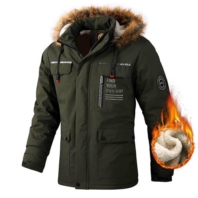 Men Hooded Parka Jacket Warm Windproof Outdoor Coat Multiple Pockets