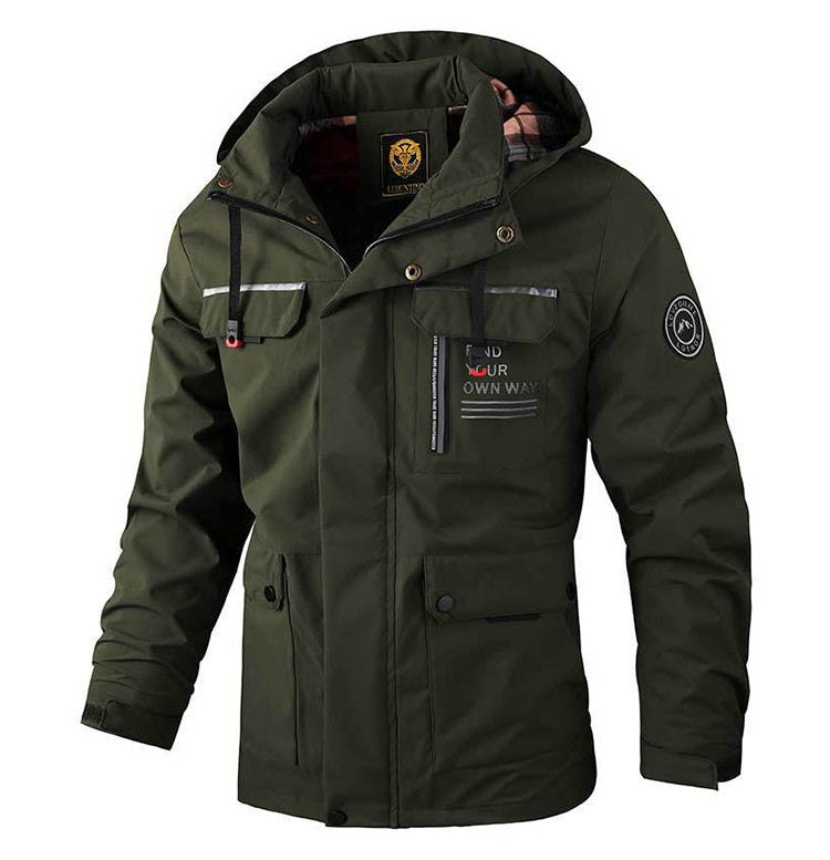 Men Hooded Parka Jacket Warm Windproof Outdoor Coat Multiple Pockets