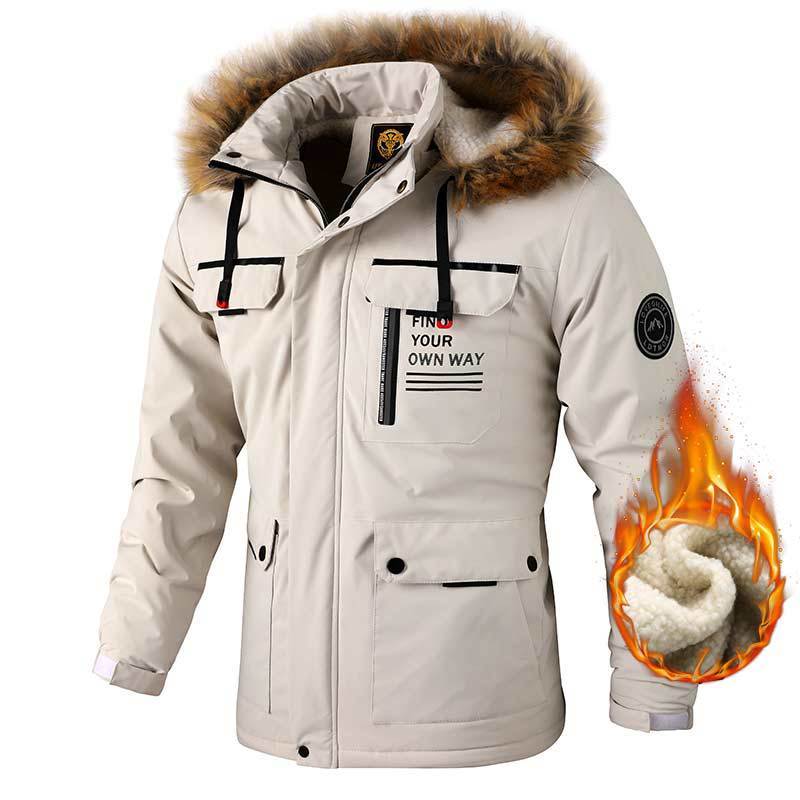 Men Hooded Parka Jacket Warm Windproof Outdoor Coat Multiple Pockets