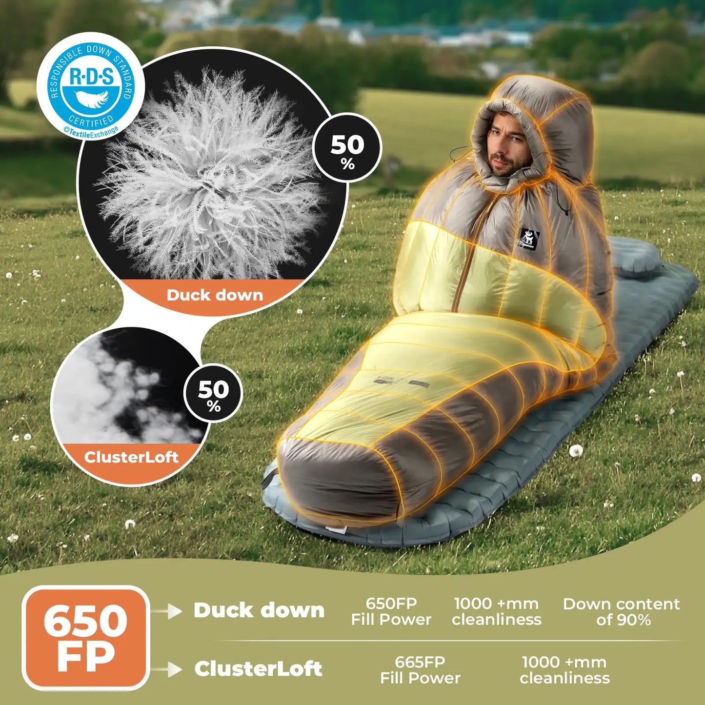 650 Fill Power Mummy Down Waterproof Sleeping Bag Camping